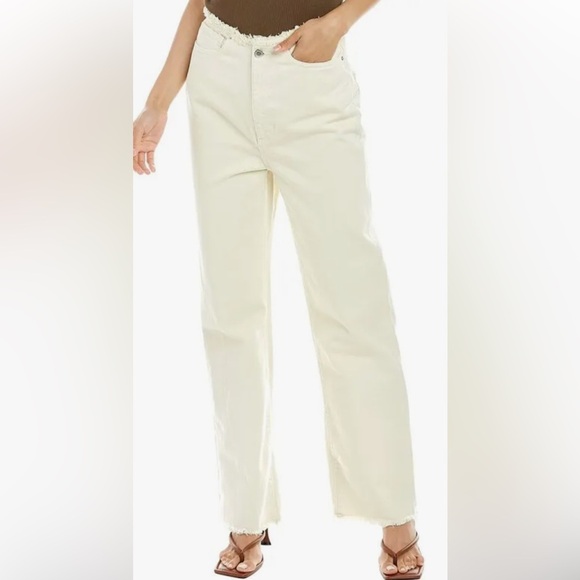 WEWOREWHAT HIGH RISE WIDE LEG FRAYED STRAIGHT LEG CREAM DENIM PANTS JEANS SZ 27 - Picture 1 of 13